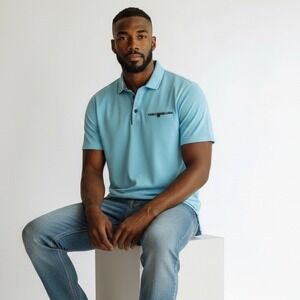 Lansky Bros Memphis Light Blue Waffle Knit Polo Shirt Mens Small short sleeve